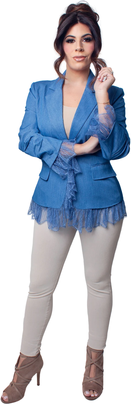 Felicia in a blue suit
